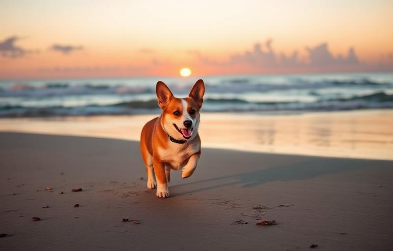 Corgi beach day at golden hour ✨